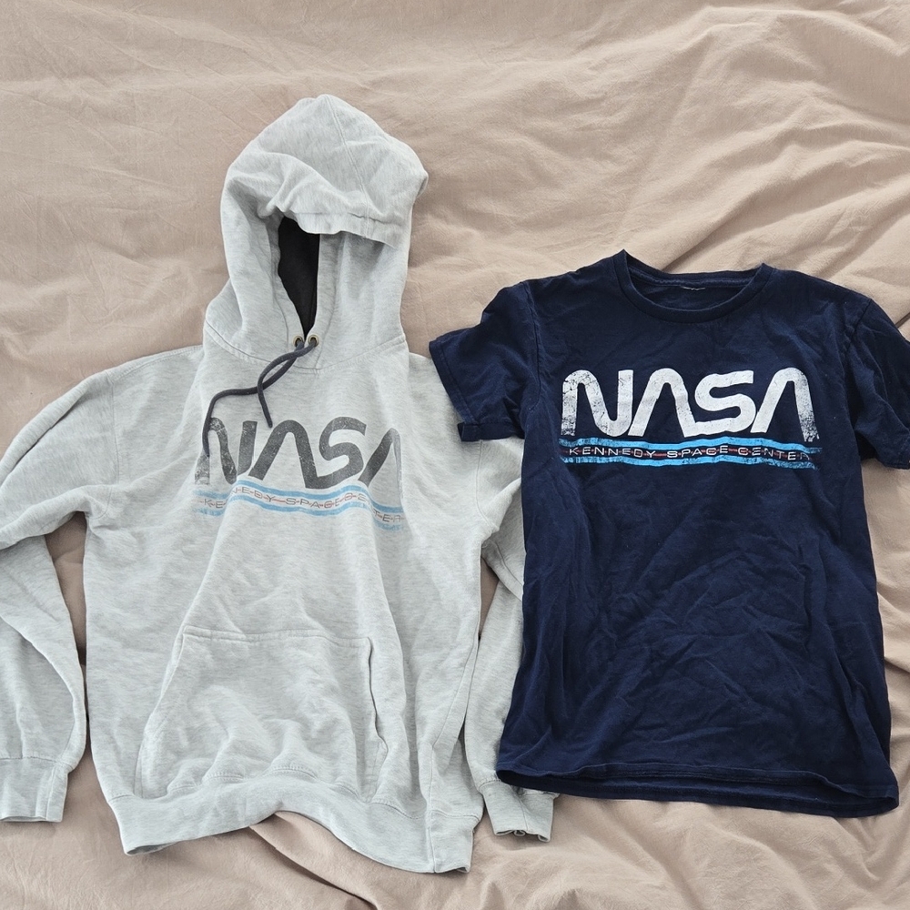 Unisex NASA Hoodie and T-Shirt Set - Gray and Blue - Size S